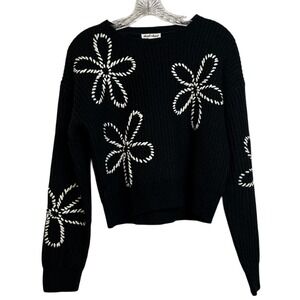 Derek Heart Womens Black Whipstitch Floral Ribbed Knit Cropped Sweater Medium